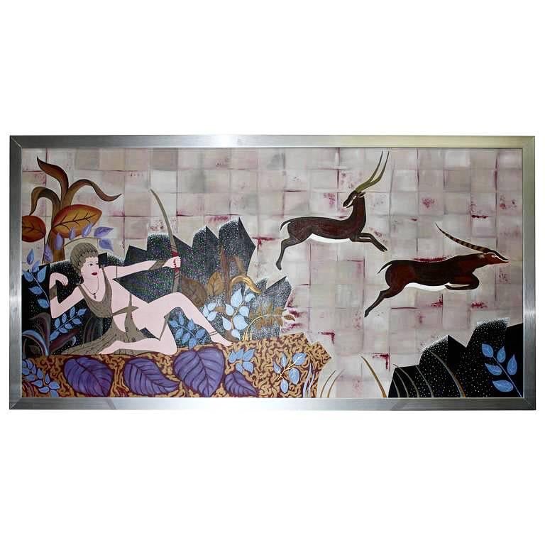 Huge Oil on Canvas Art Deco Style "Diana the Huntress, " circa 1960s