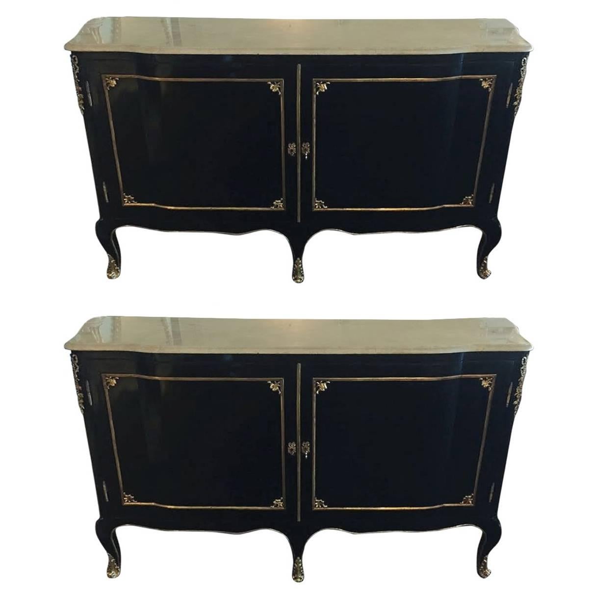 Pair of Palatial Marble-Top or Commodes with Bronze Mounts attrib to Jansen 