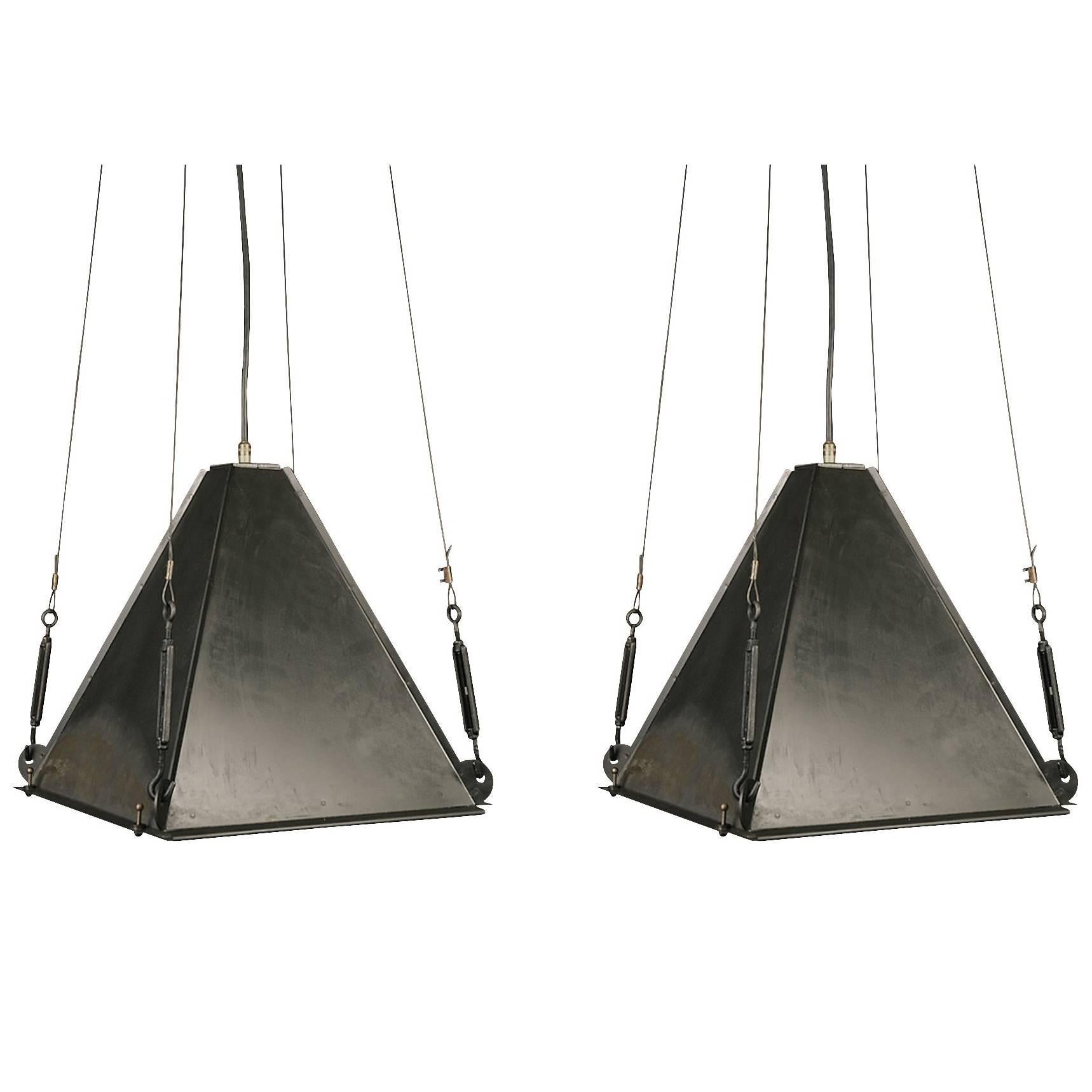 Vintage Pair Industrial Pyramid Shape Iron Pendant Lights, Italy, 1950s