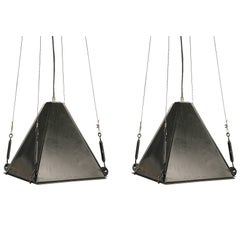 Vintage Pair Industrial Pyramid Shape Iron Pendant Lights, Italy, 1950s