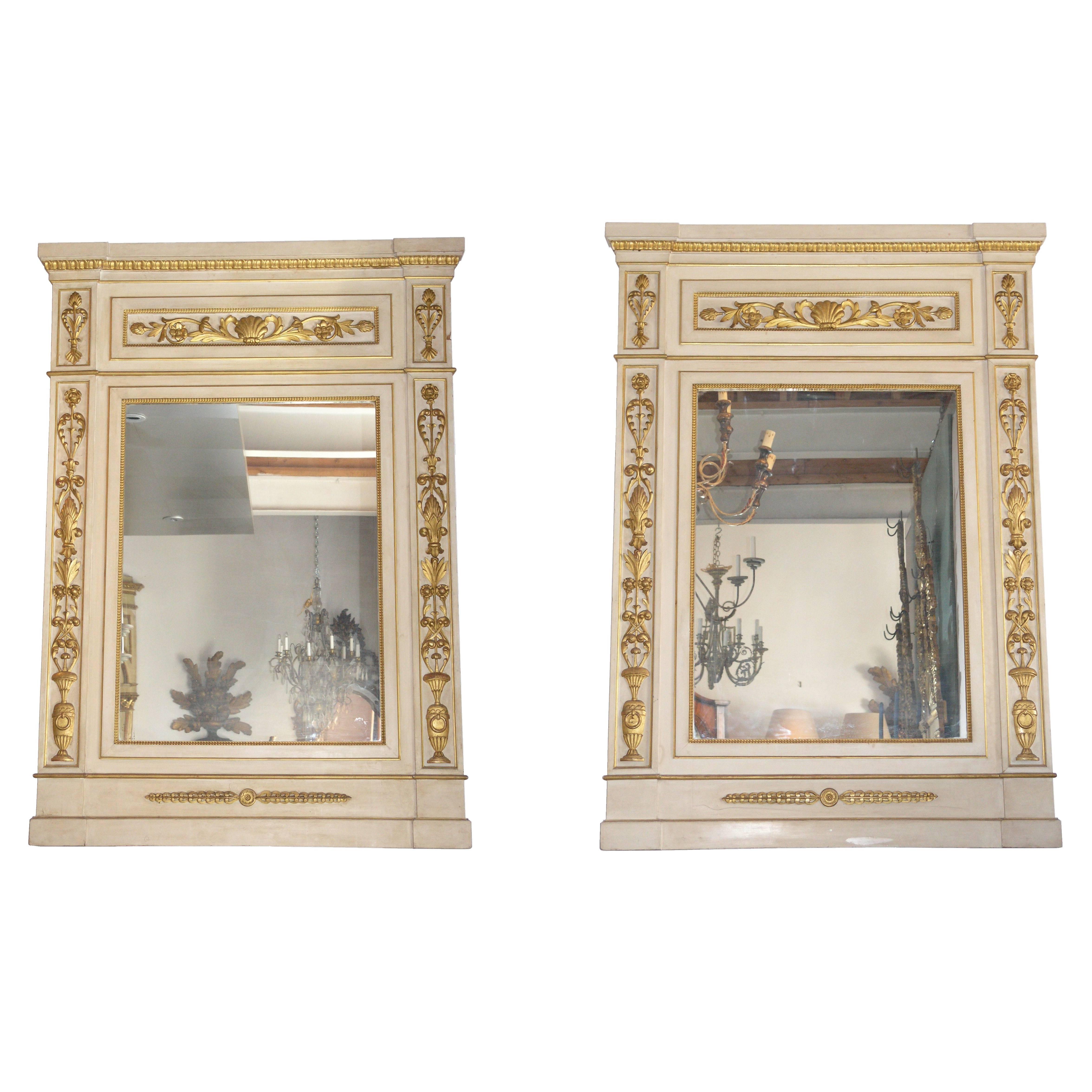 Pair of Parcel-Gilt and Ivory Paint Trumeau Mirrors For Sale