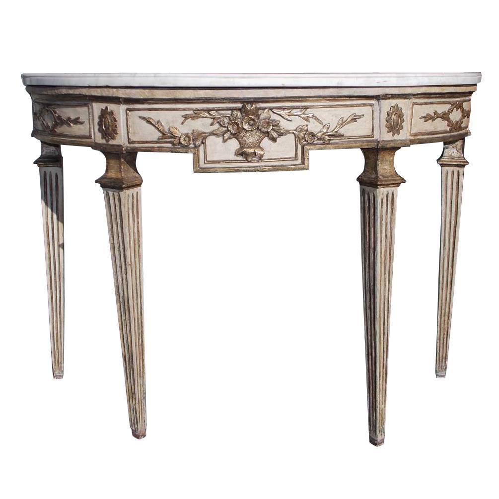 Consolle neoclassica italiana con piano in marmo con medaglione a fogliame e gambe scanalate, C.C. 1780