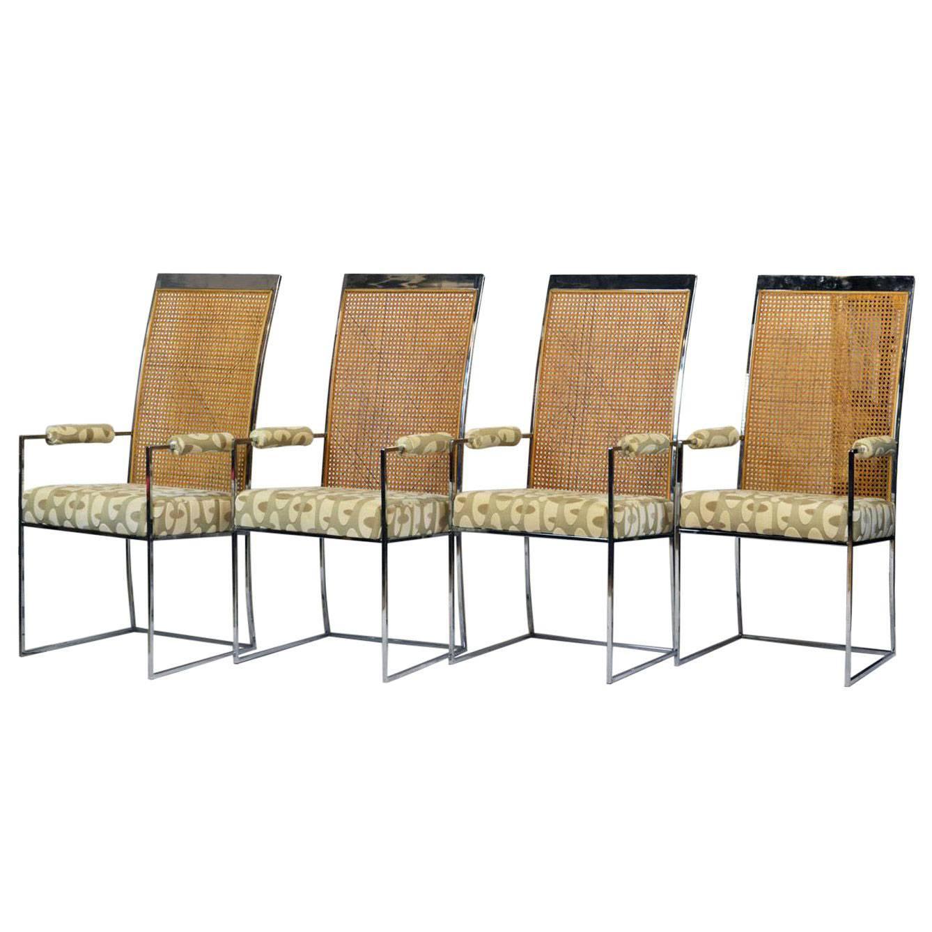 Set of Four Milo Baughman for Thayer Coggins Chrome and Cane Dining Arm Chairs