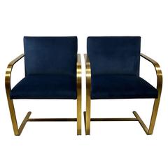 BRNO Flat Bar Style Cantilevered Chairs, Bronze Finish, Newly Reupholstered