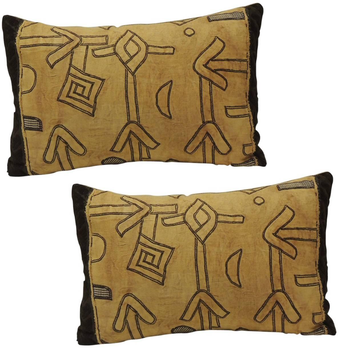 Pair of African Applique Kuba Lumbar Textile Textured Finish Decorative Pillows