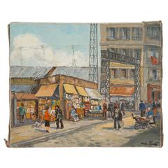 flea market paintings Vintage Charles Blondin Painting, The Entry of Biron Market at Clignancourt Flea Market
