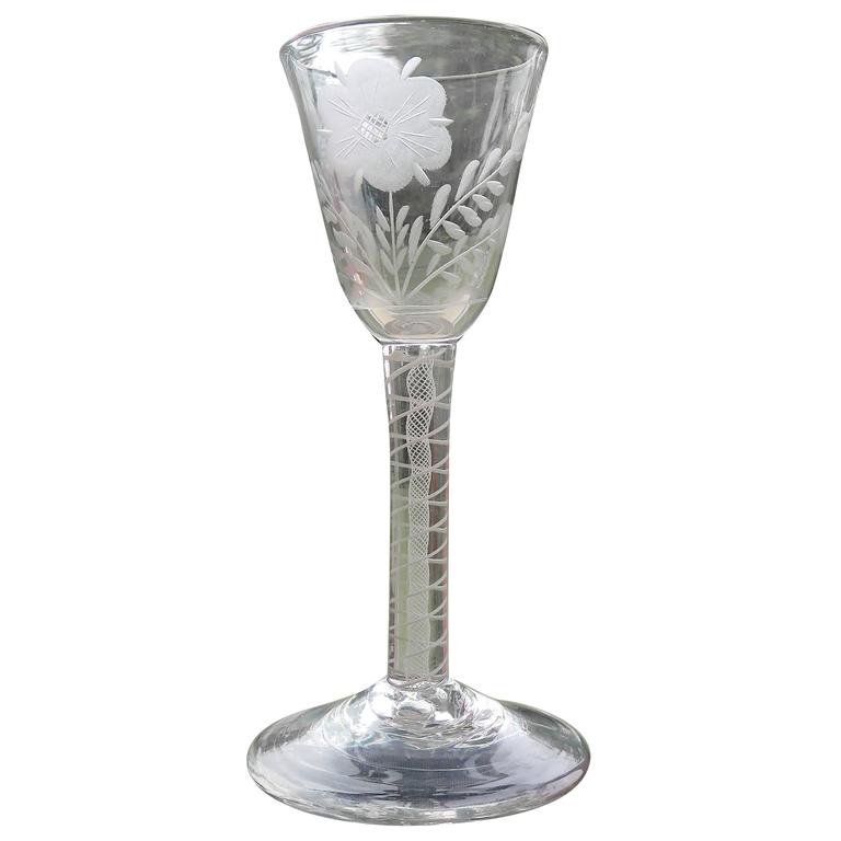 Rare 18th C Jacobite Engraved English Wine Gl Cotton Twist Rare 18th C Jacobite Engraved English Wine Gl Cotton Twist Stem Ca