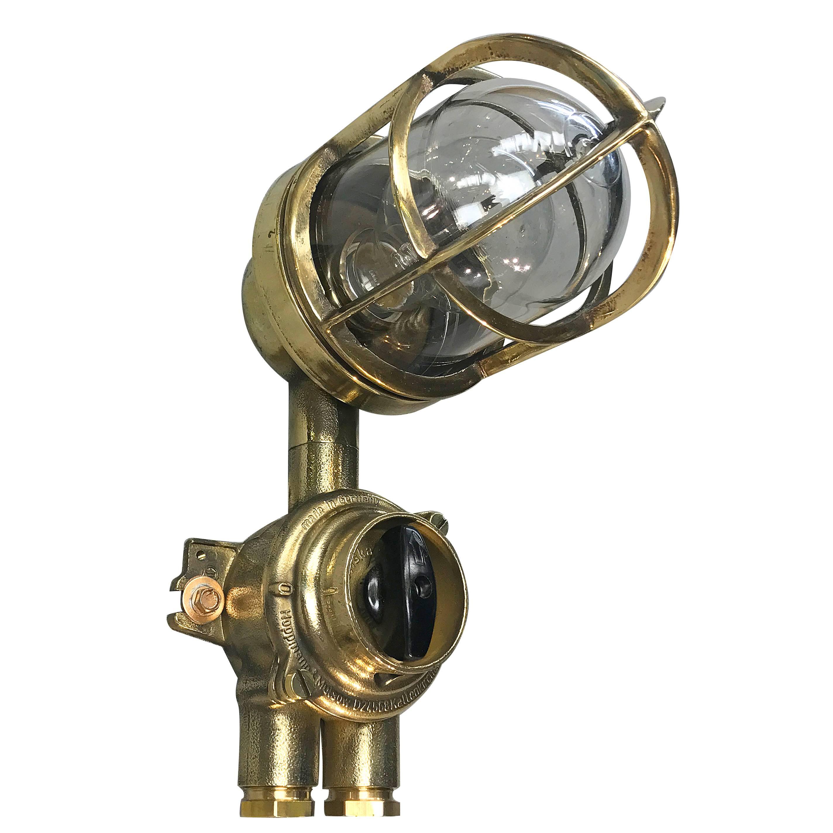 1970's German Brass Wall Lamp with Glass Dome & Isolator Switch IP54 Edison Bulb