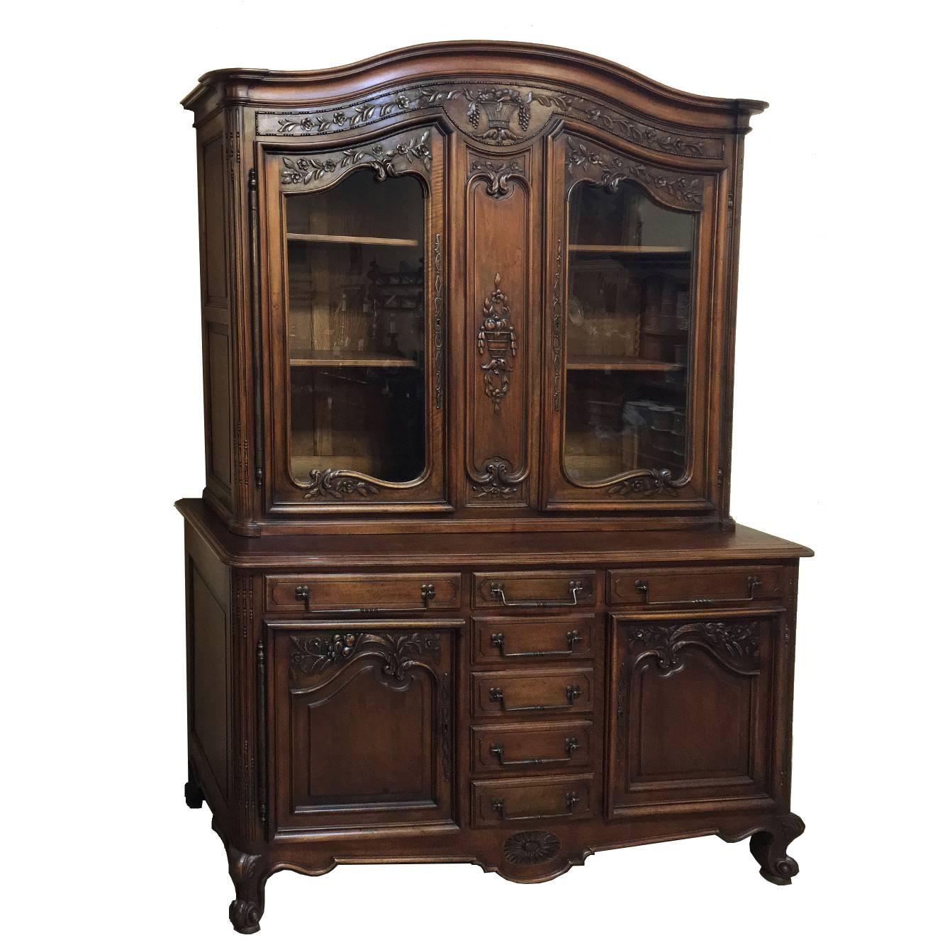 19th Century Country French Neoclassical Hand-Carved Walnut Buffet, Bookcase