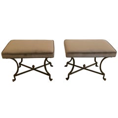 Antique Sleek Pair of Iron and Upholstered X Benches Ottomans