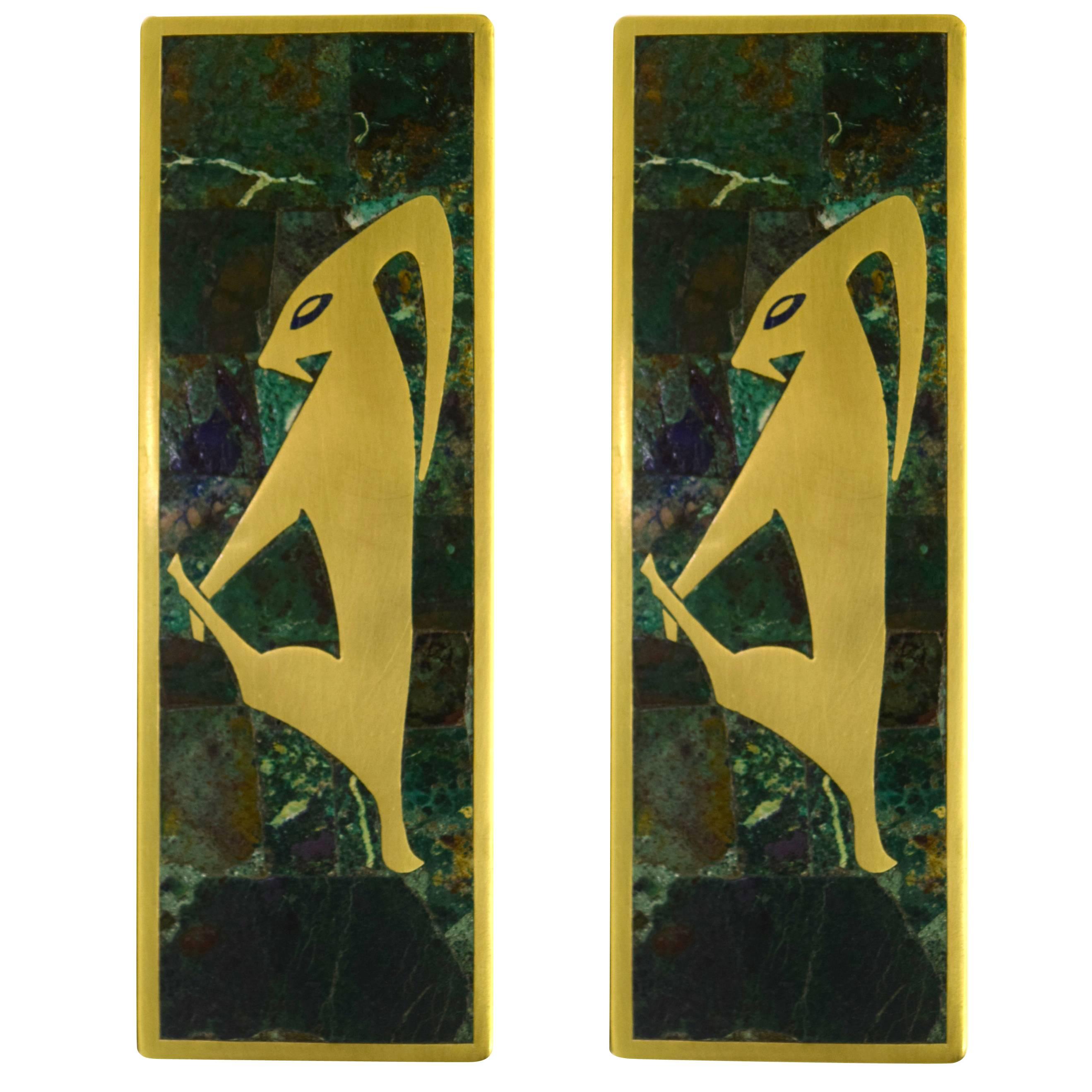 Large Drawer Pulls by Los Castillo in Brass and Inlaid Malachite
