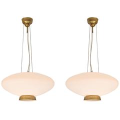 Hans Bergström Set of 2 Pendants in Opaline Glass and Brass for ASEA