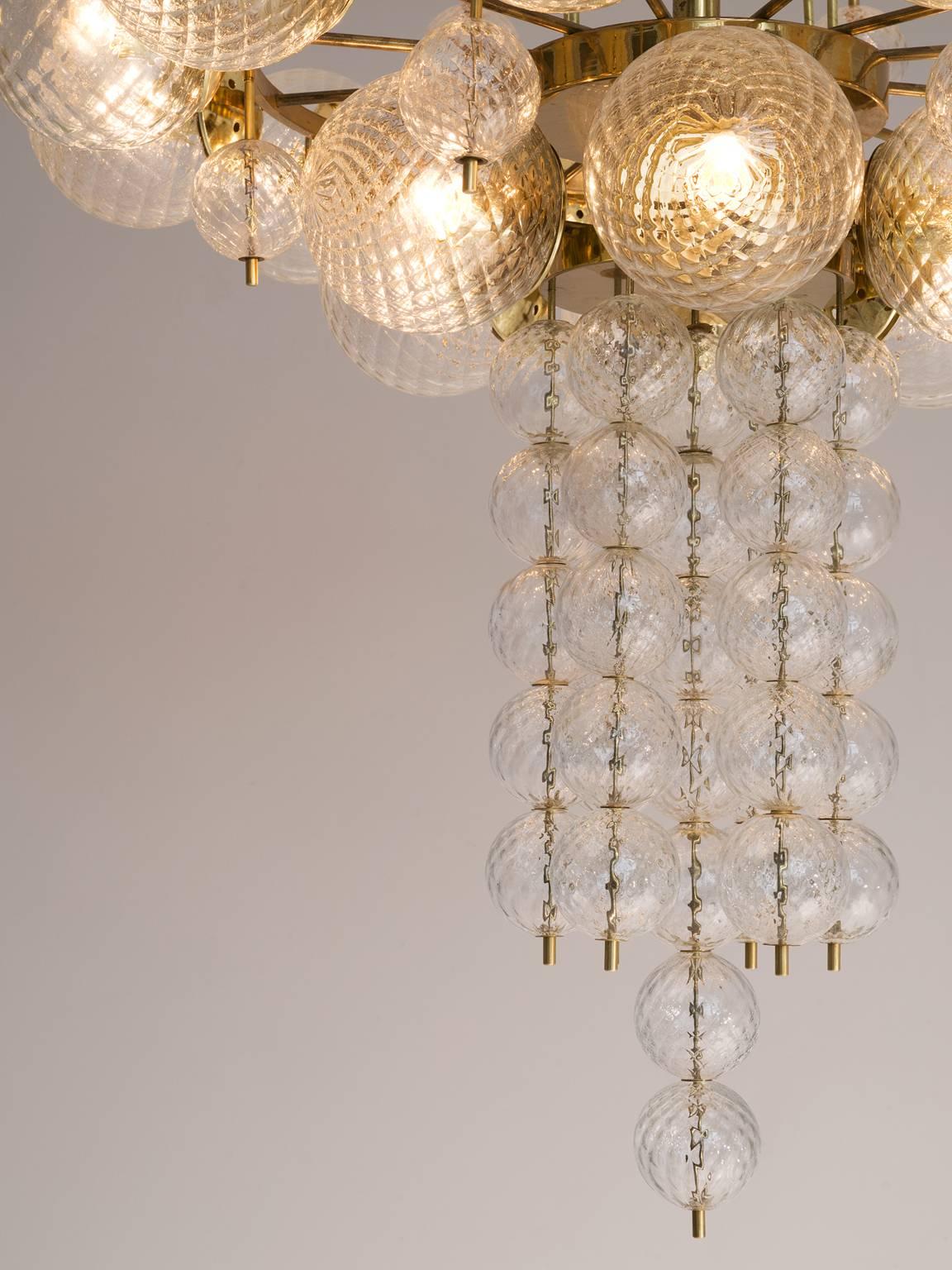 European Large Chandelier in Brass with Structured Glass