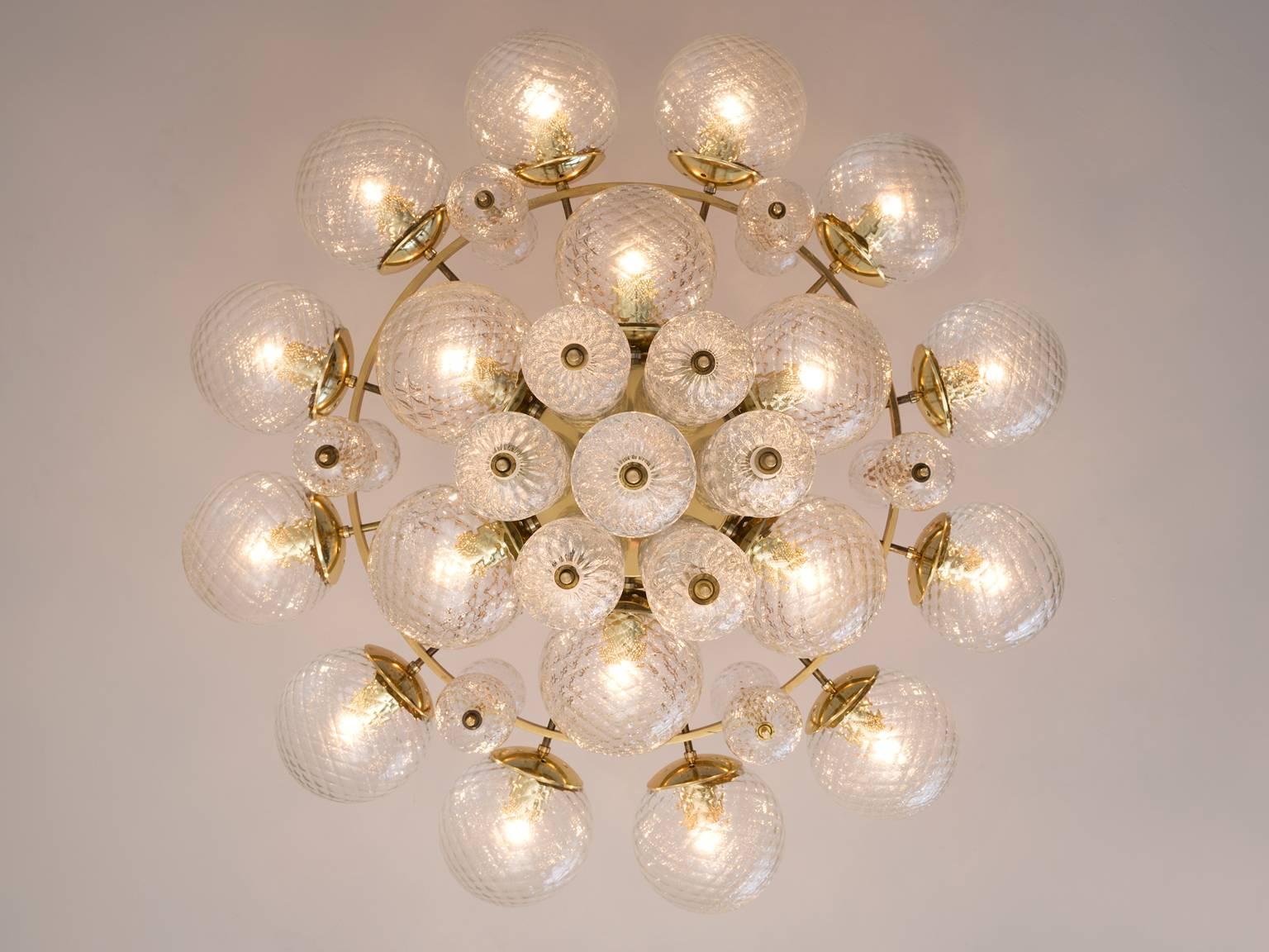 Late 20th Century Large Chandelier in Brass with Structured Glass