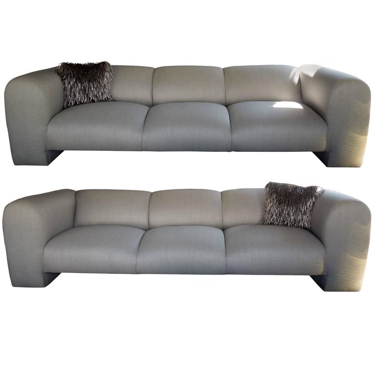 Pair Luxe Modern Silver Linen Metallic Sofas Palm Spings Designer Estate