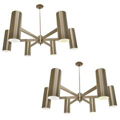 6 Spoke Aluminum Stainless Finish Pendant Chandeliers 4' wide, 1950s, sold sep.