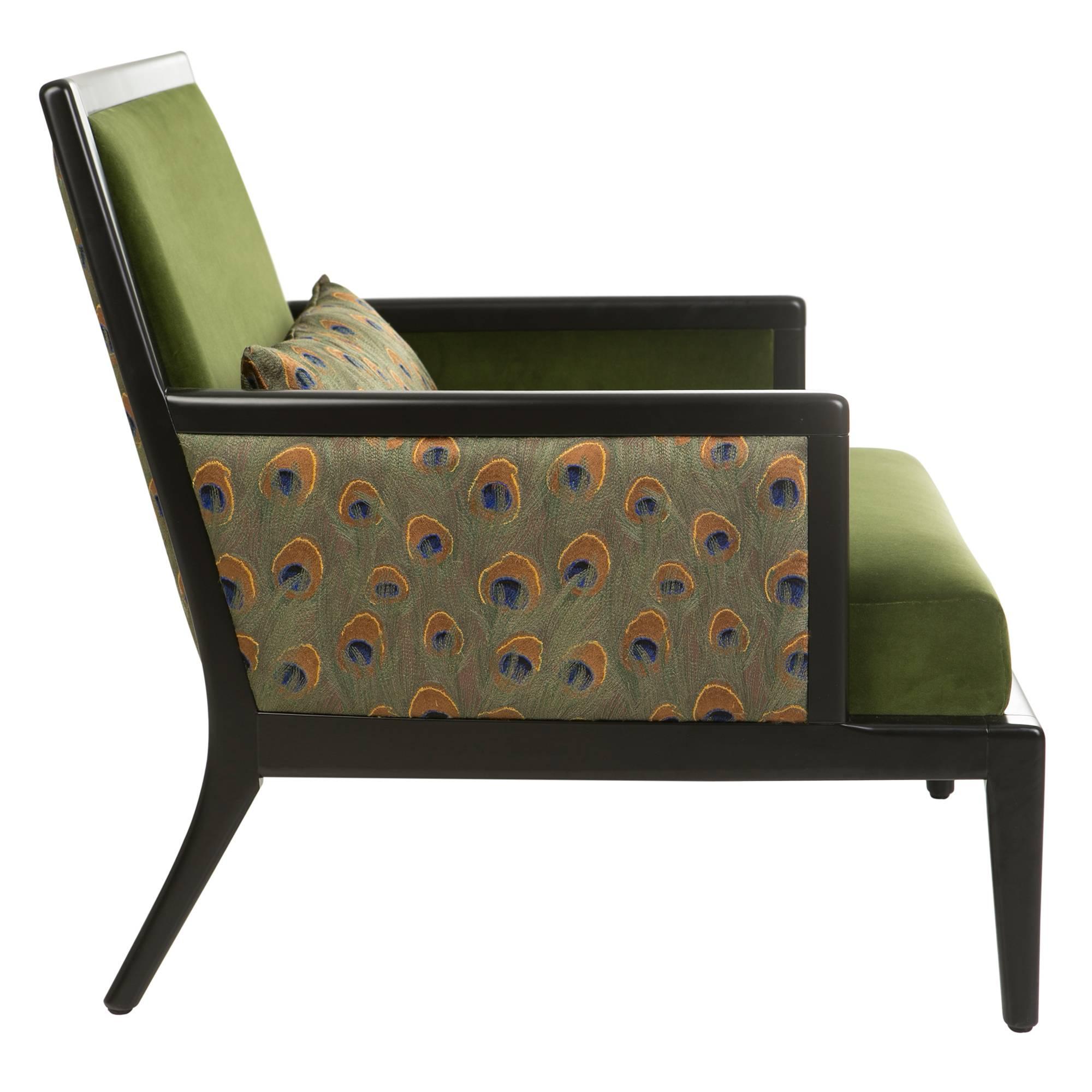 French Modern Olive Green Velvet Upholstered Peacock Lounge Bergere Armchair For Sale