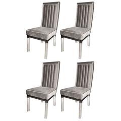 Four Dining Chairs in Lucite, Chrome and Platinum Velvet by Charles Hollis Jones