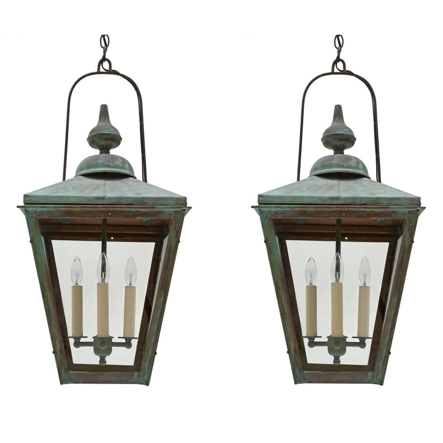 Pair of Patinated Copper Square Lanterns with Four Lights, France, circa 1950