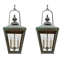 Pair of Patinated Copper Square Lanterns with Four Lights, France, circa 1950