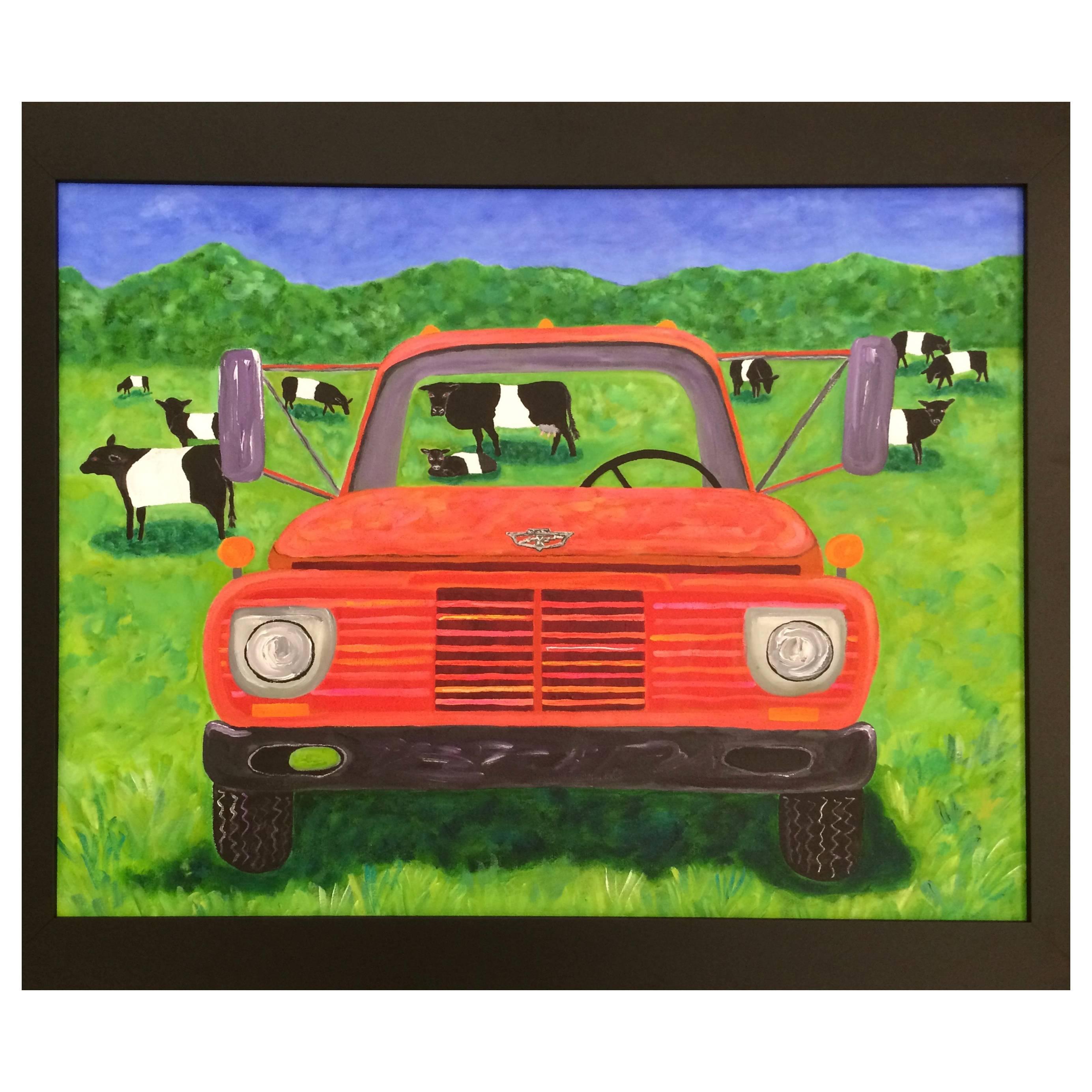 Bold Original Painting of Old Truck and Belted Galloway Cows