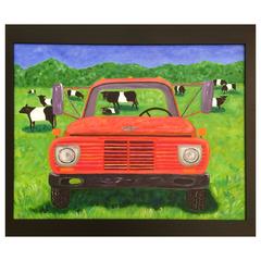 Bold Original Painting of Old Truck and Belted Galloway Cows