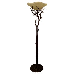 Patinated Faux Bois Wrought Iron Torchiere Floor Lamp