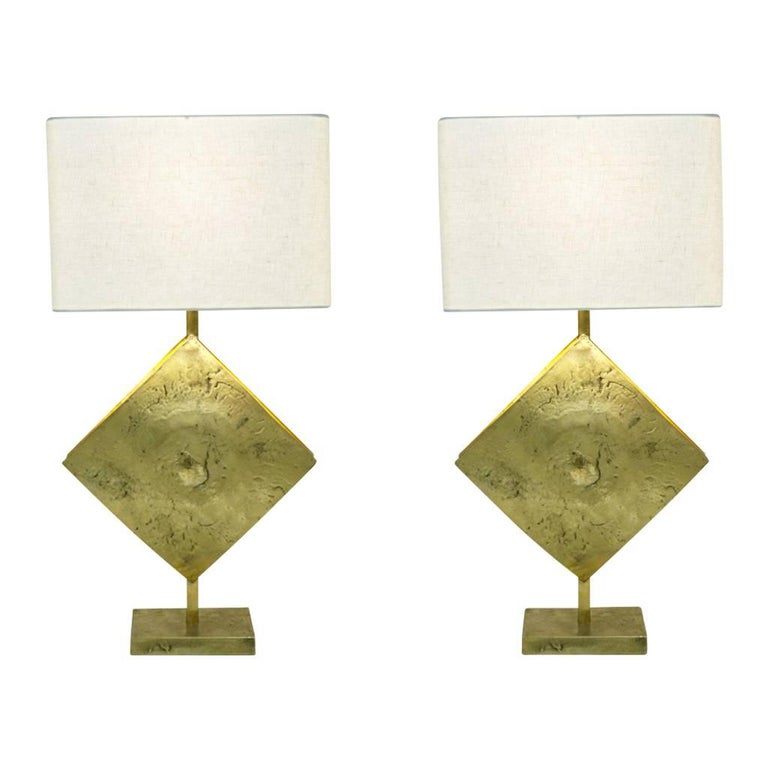 Italian Design Contemporary Pair of Brutalist Cast Bronze Double Lit Lamps For Sale