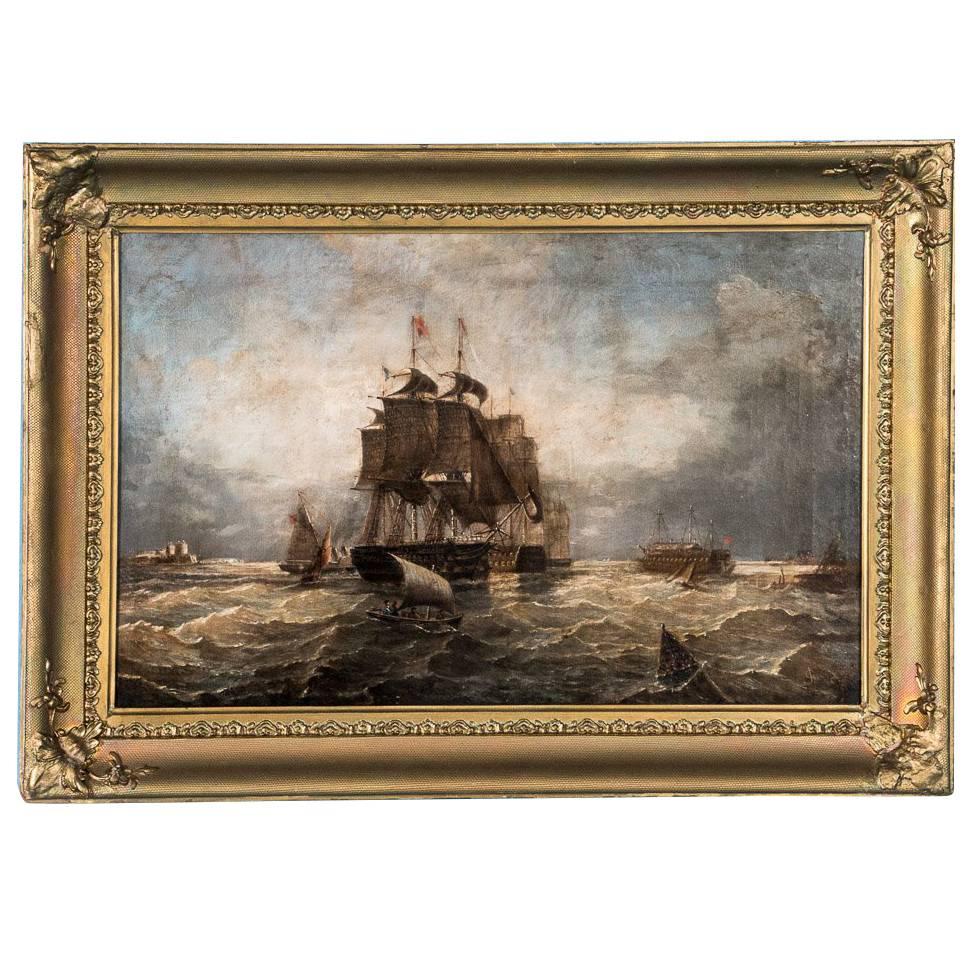 Antique English 19th Century Oil Painting of War Ships at Sea Signed J. Gouch