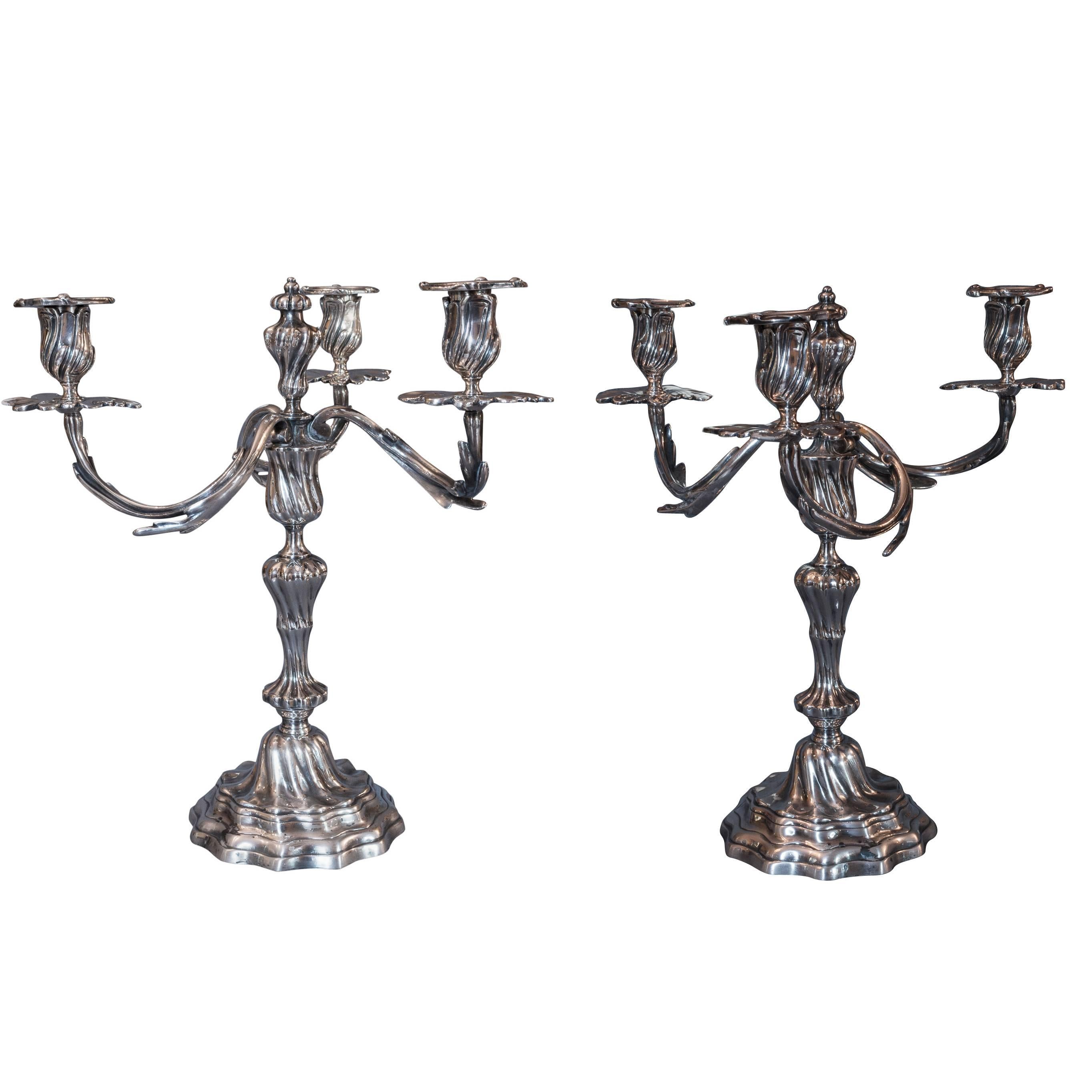 French Louis XV Style Pair of Silver Plate Candelabras, circa 1850-1860
