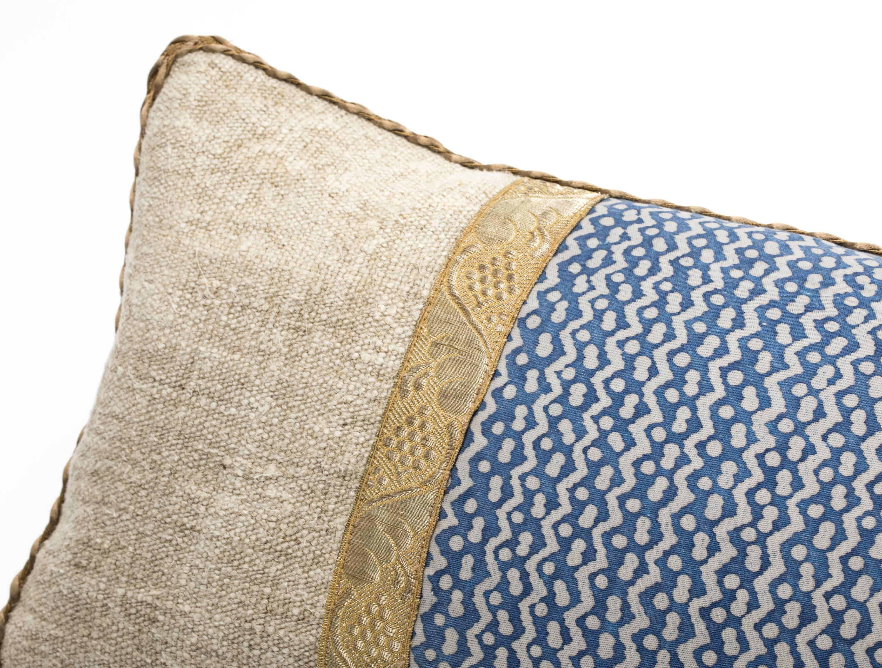 Contemporary Fortuny with Antique Metallic Trim on Vintage Linen Pillow