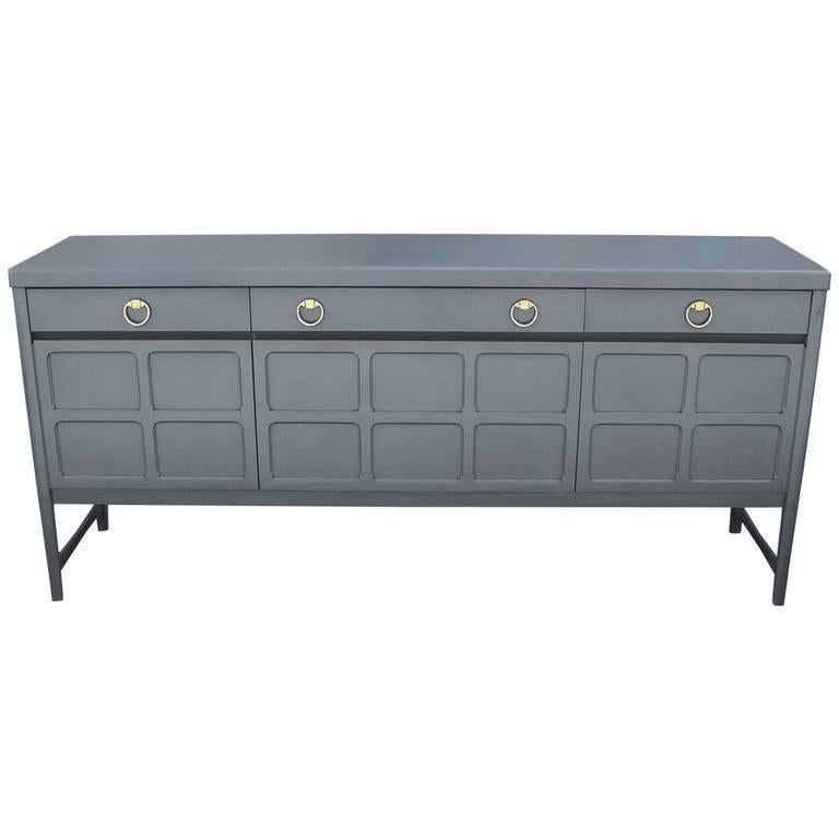 French Blue Grey Modern Mahogany Teak Sideboard / Credenza with Brass Hardware