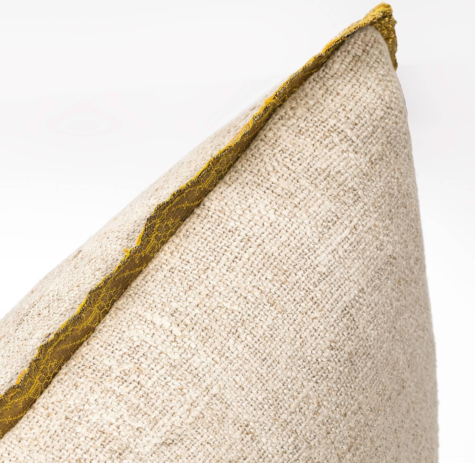 Pillow, Antique Metallic Gold Appliqué on Linen  For Sale 1