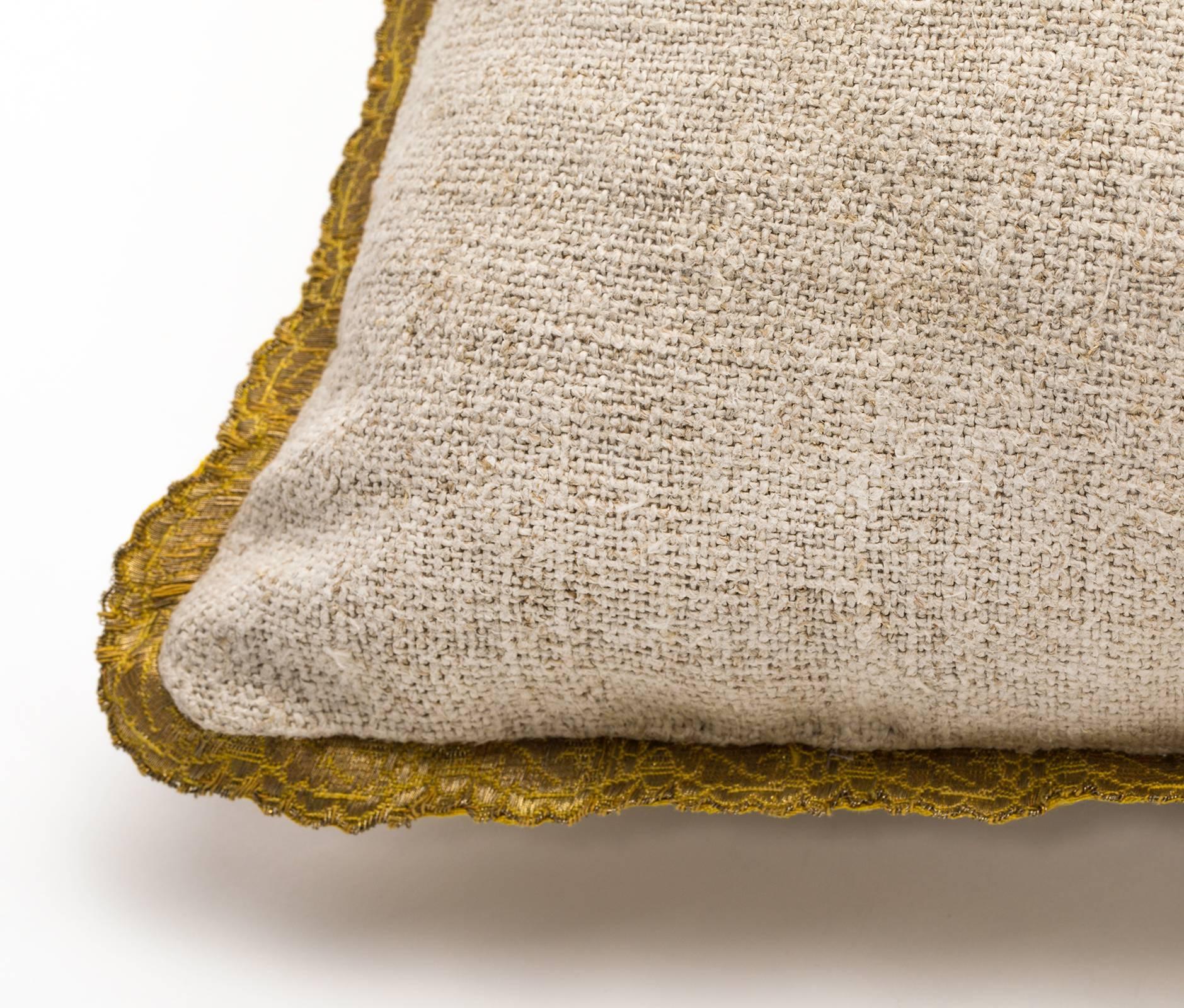 Pillow, Antique Metallic Gold Appliqué on Linen  In Excellent Condition For Sale In Summerland, CA