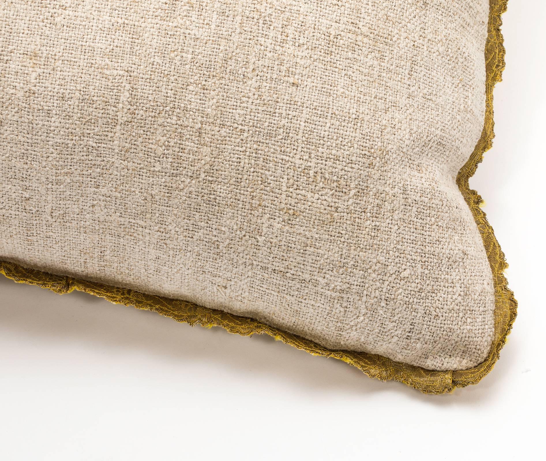 Contemporary Pillow, Antique Metallic Gold Appliqué on Linen  For Sale