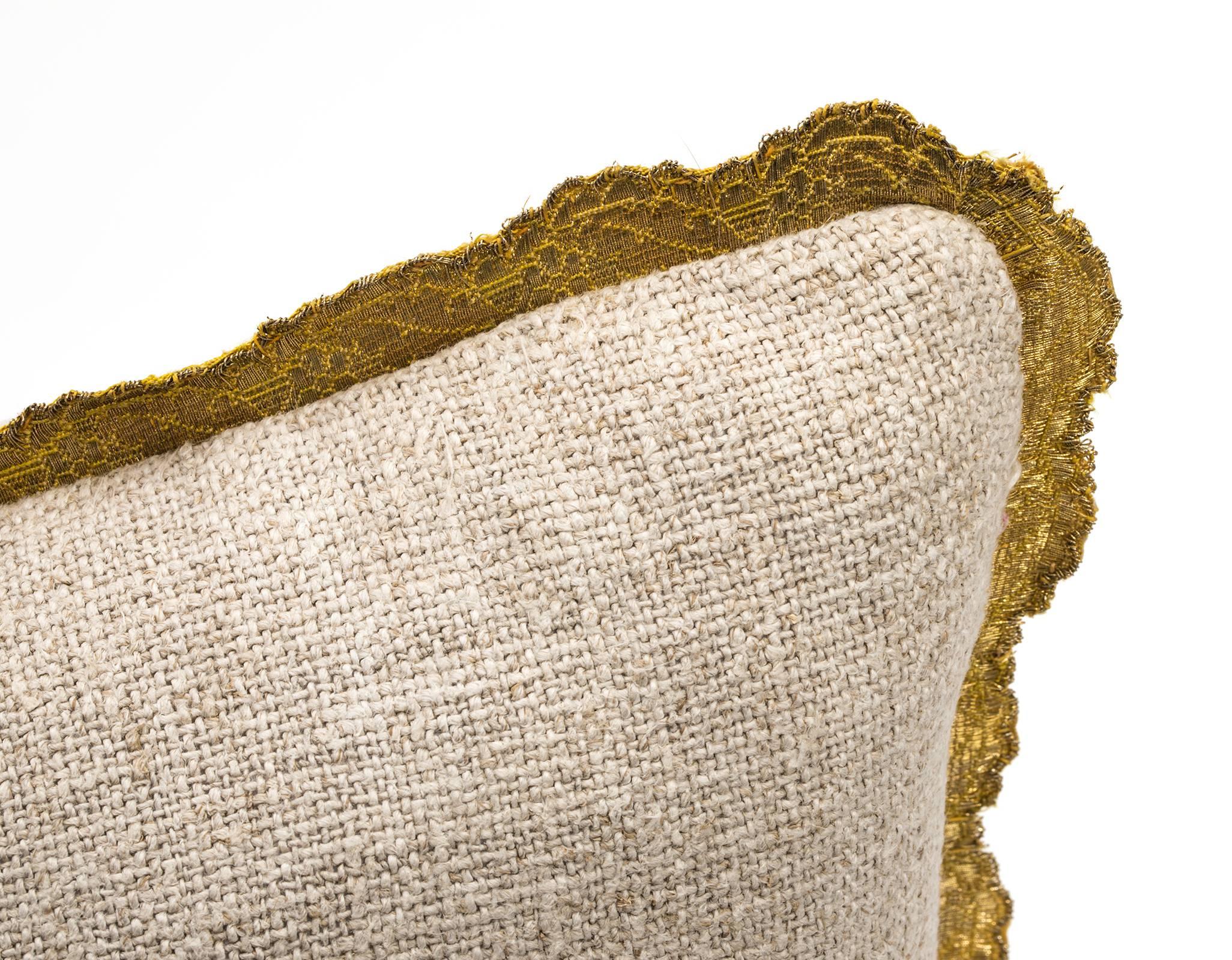 Pillow, Antique Metallic Gold Appliqué on Linen  For Sale 2