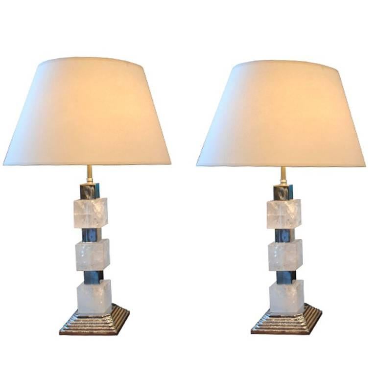 Pair of Square Cut Rock Crystal and Nickel Lamps For Sale