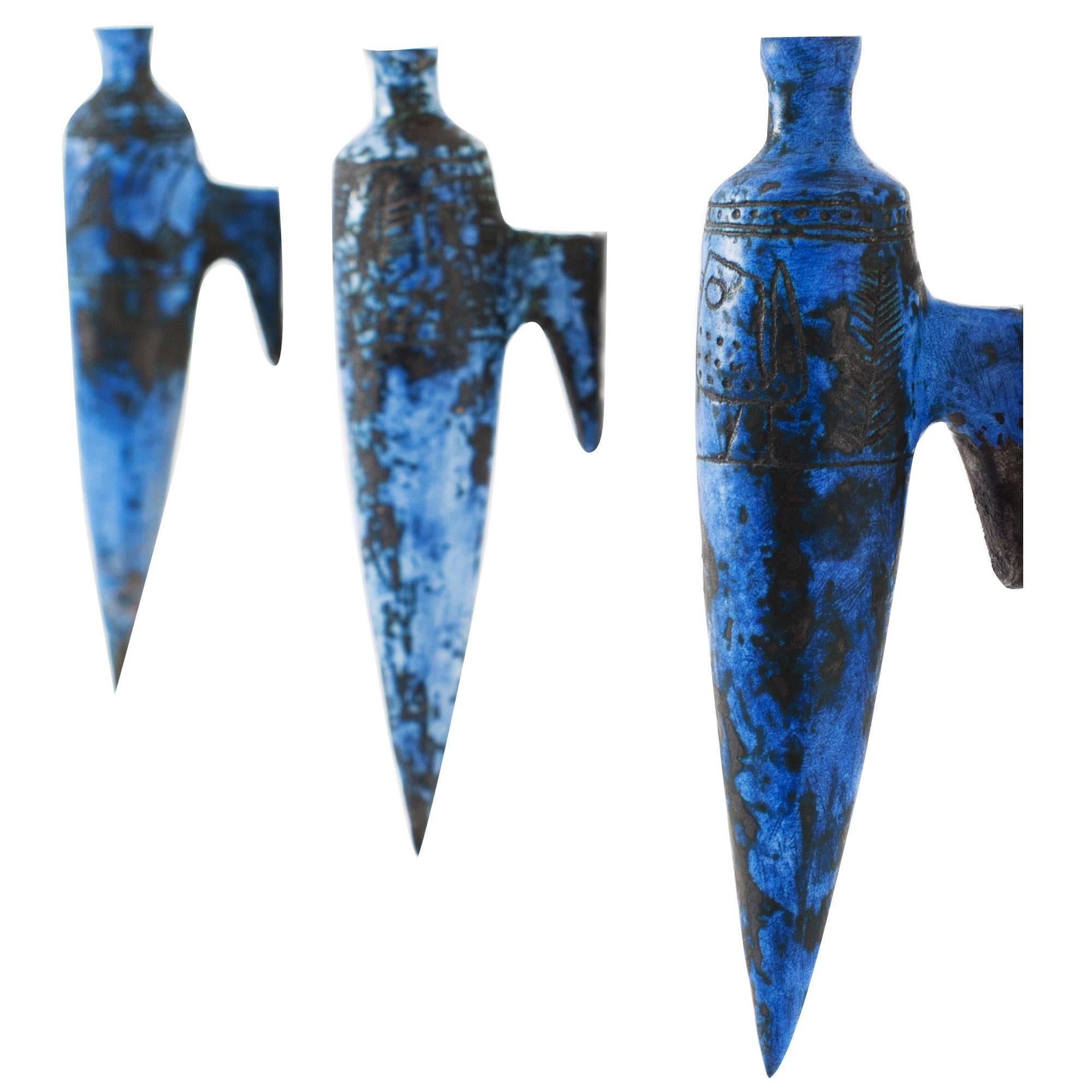 Rare Jacques Blin Ceramic Blue Sconces Set of Three, 1950s, France