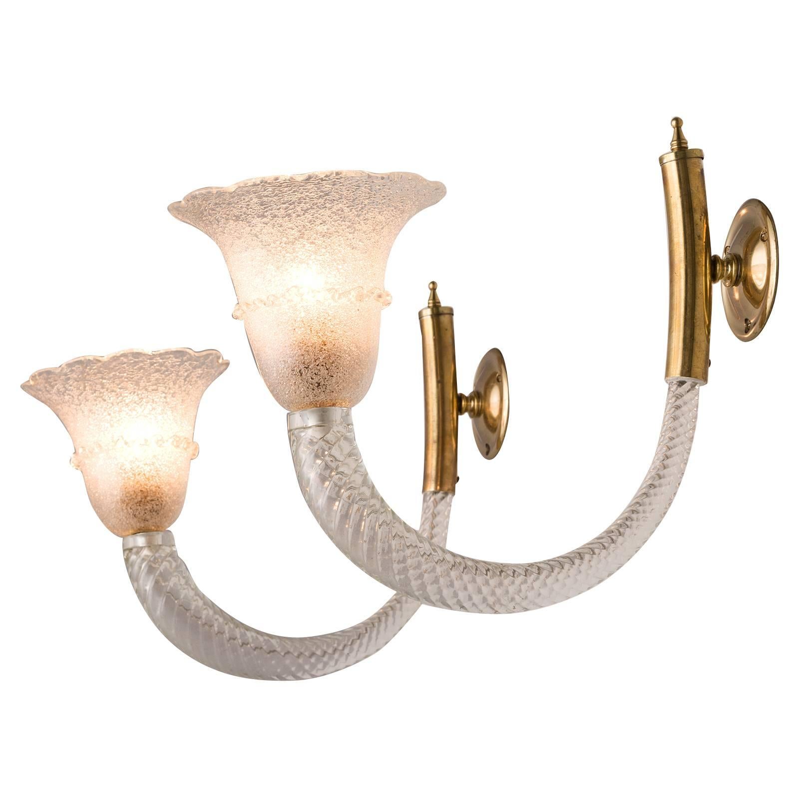 Pair of Wall Lights in Murano Glass and Brass for Barovier & Toso