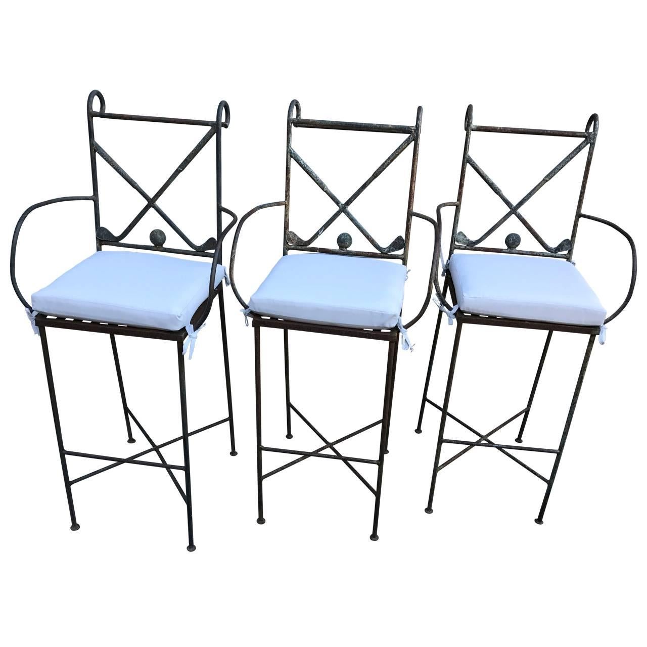 Set Of 3 Metal Golf-Themed Bar Stools With White Pillows
