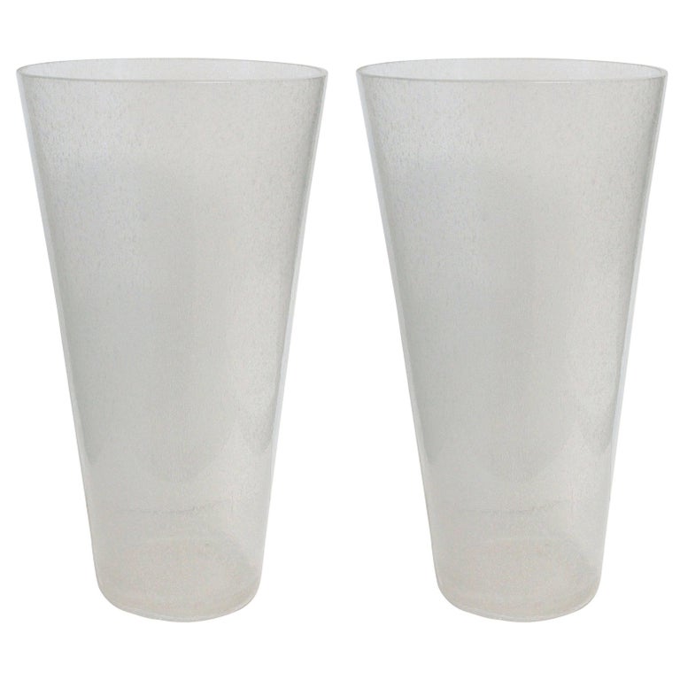 Pair Of Oversized Italian Clear Bollicine Murano Glass Vases For