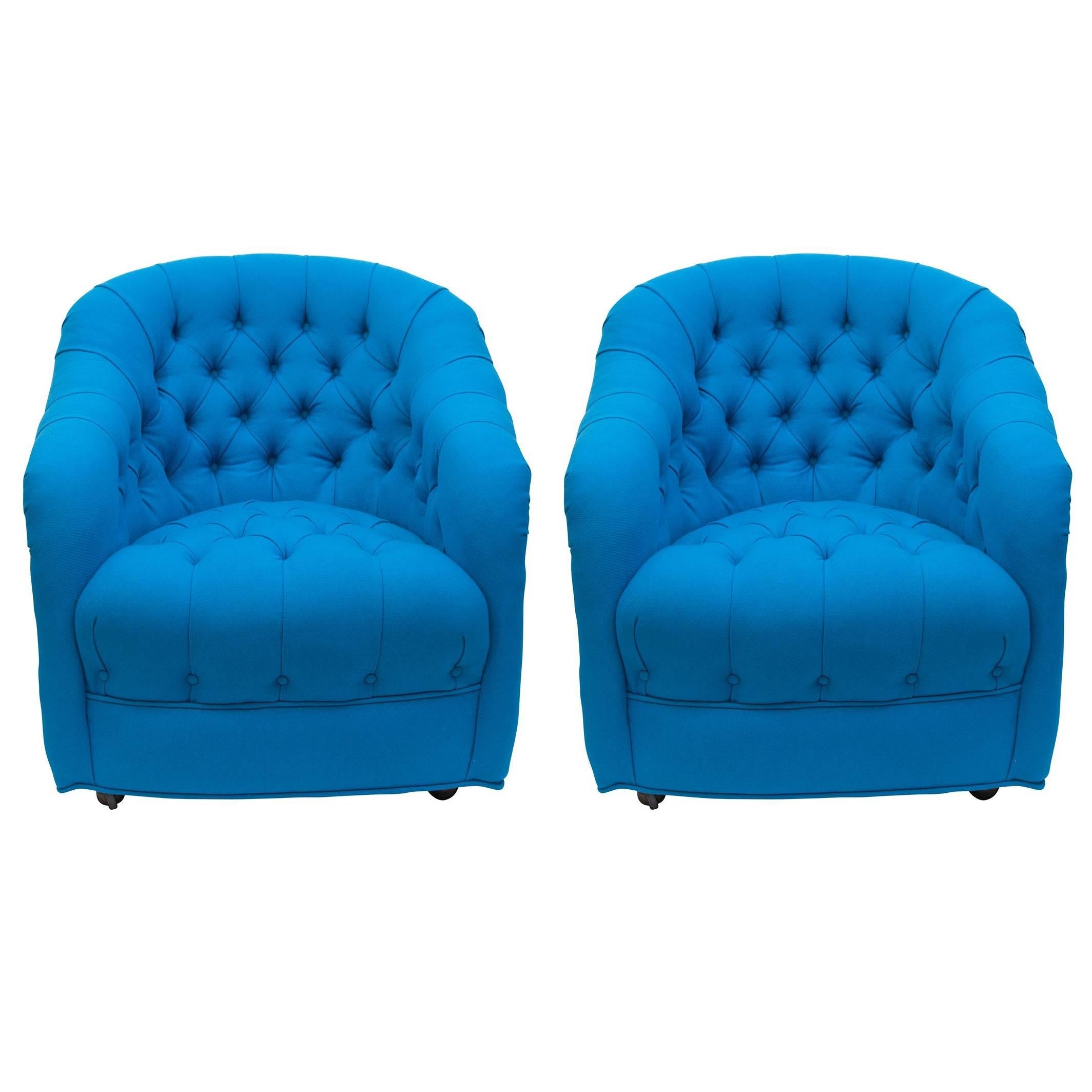 Tufted Swivel Side Chairs in Turquoise Wool, Pair For Sale