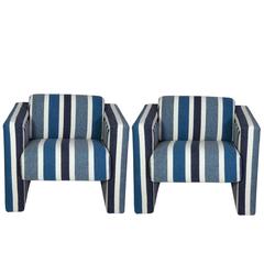 Nautical Club Chairs in Blue and White Wool, Pair