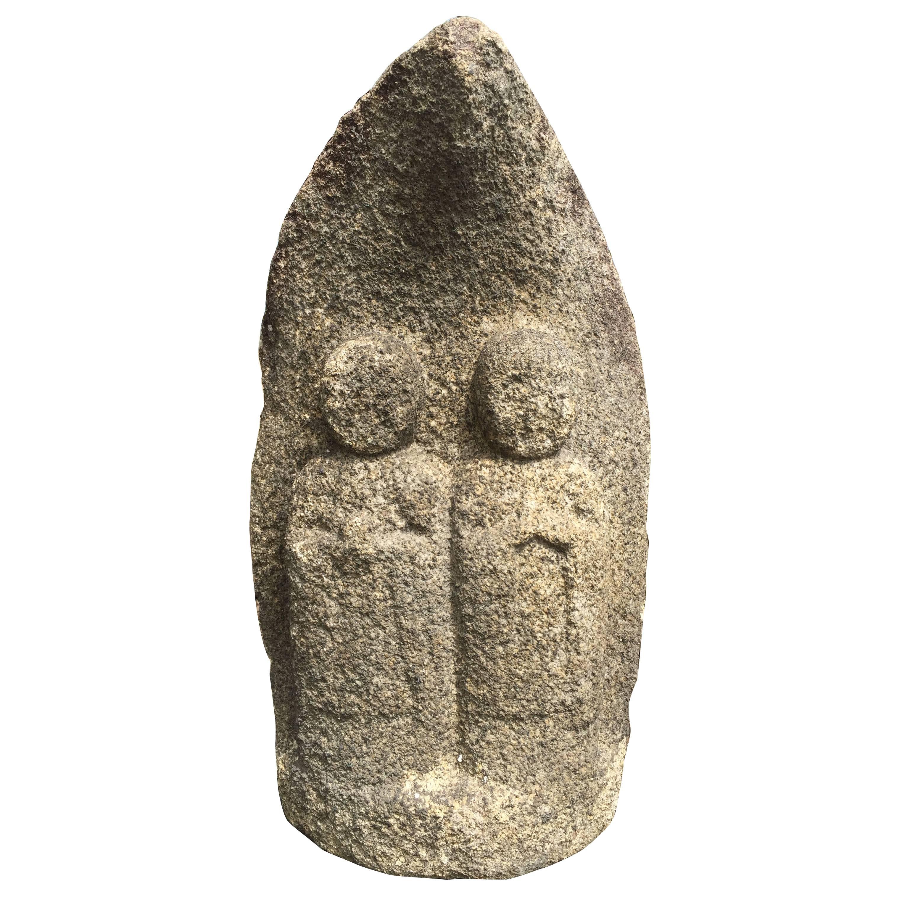 Important Ancient Japanese  Stone Protector Figure  Double Jizo Buddha