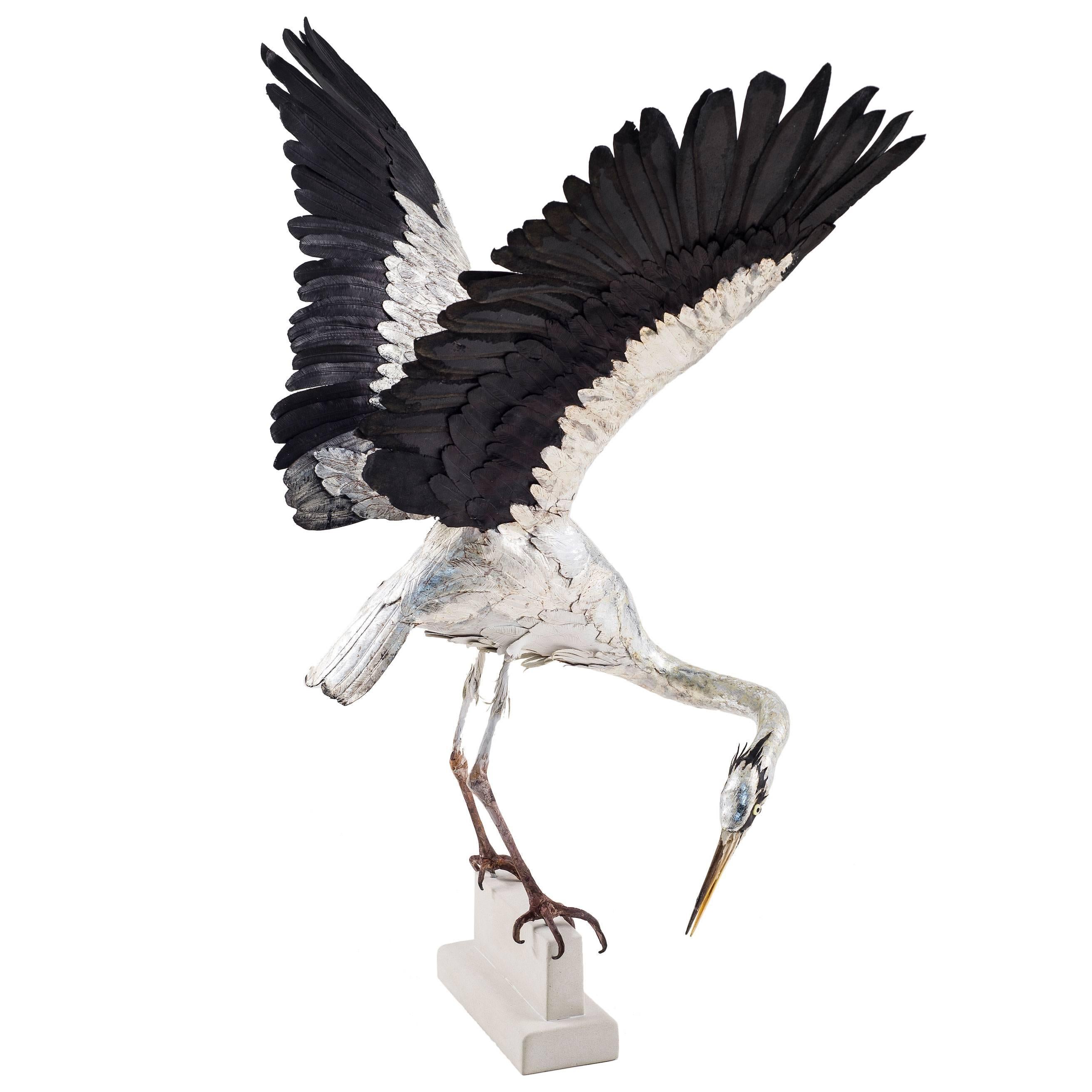 Self Reliance 1 - a life-size heron sculpture made with handworked leather For Sale