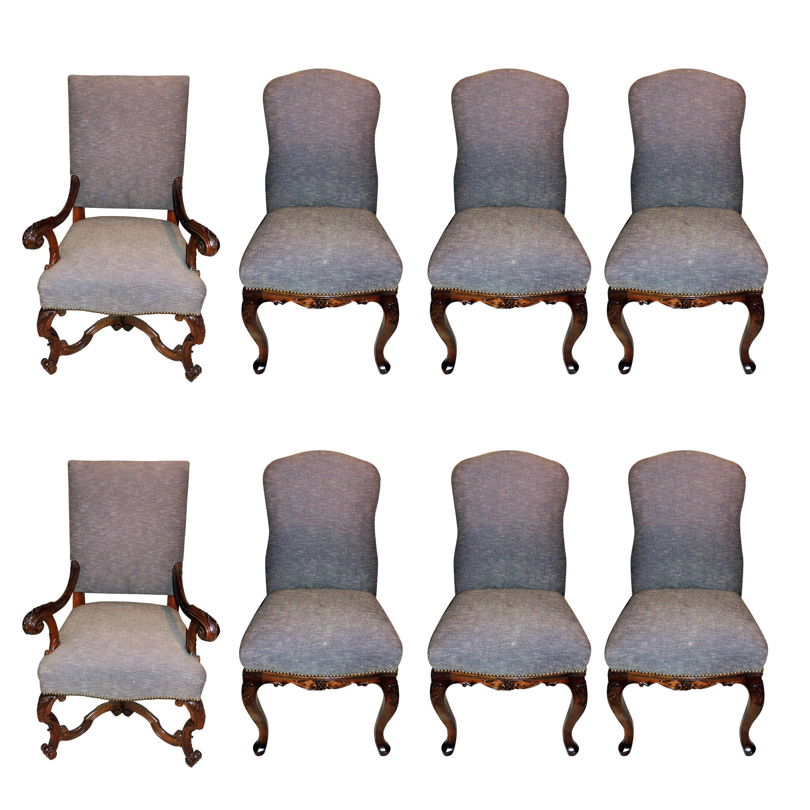 Wonderful Set Eight Formal Carved Upholstered Louis XV Dining Room Chairs Nails