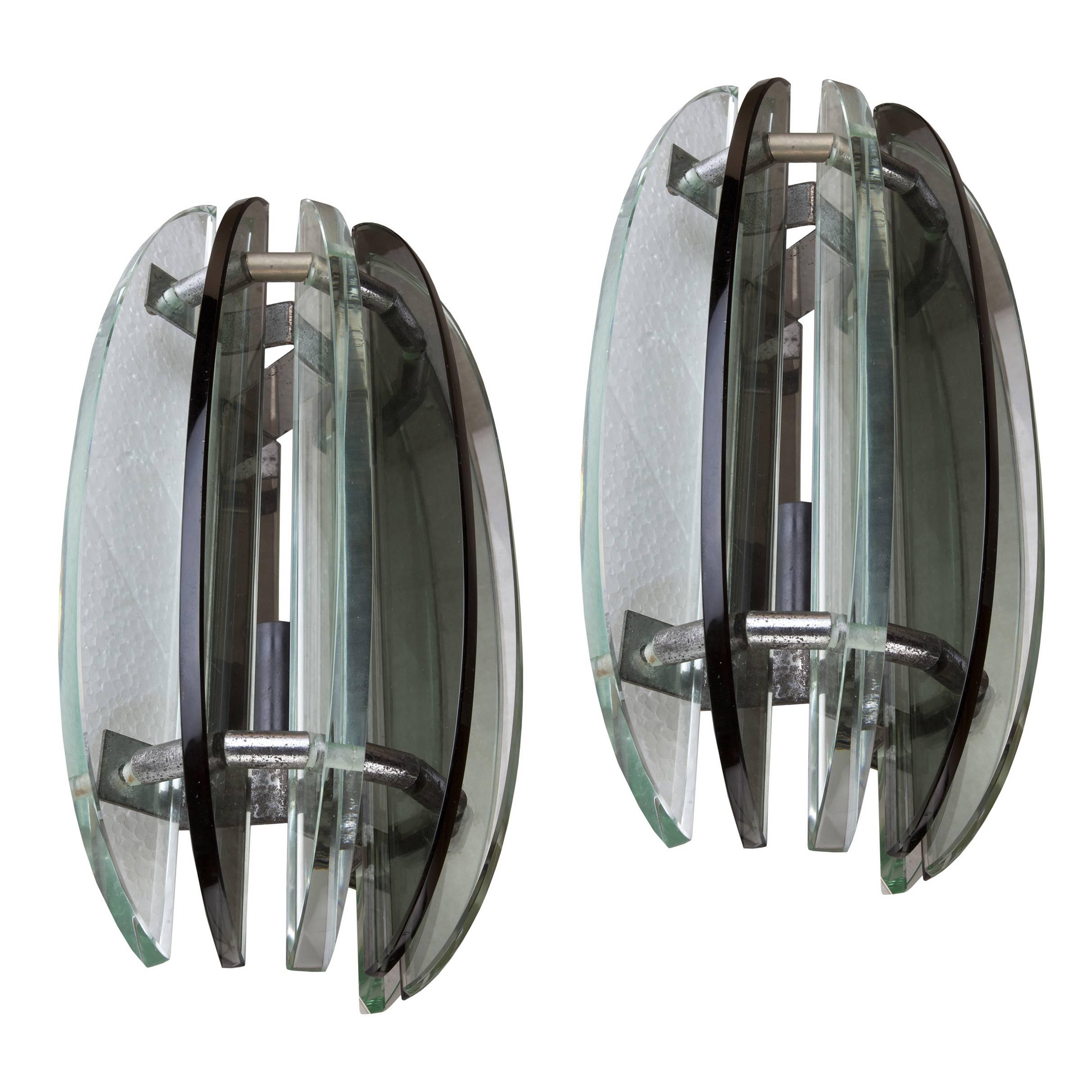 Rare Pair of Mid-Century Modern Glass Sconces with Chrome Details, European For Sale