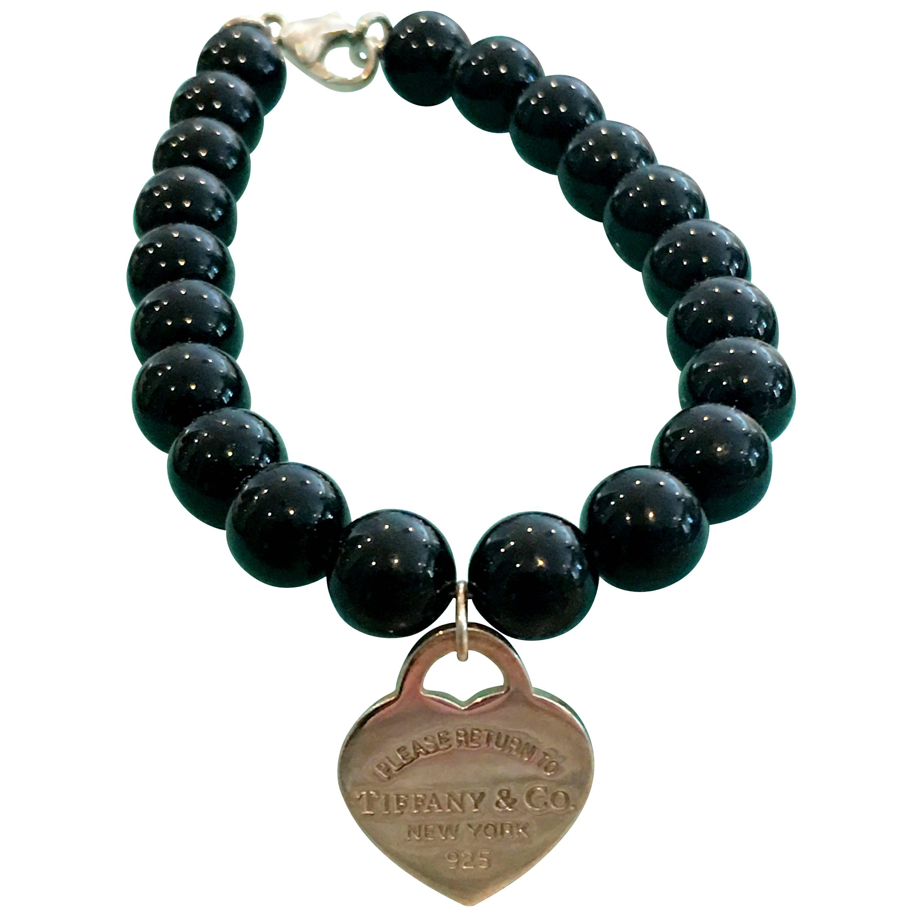 Tiffany & Co. Silver Heart Tag 7.5' Black Onyx Bead Bracelet