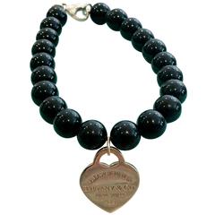 Vintage Tiffany & Co. Silver Heart Tag 7.5' Black Onyx Bead Bracelet