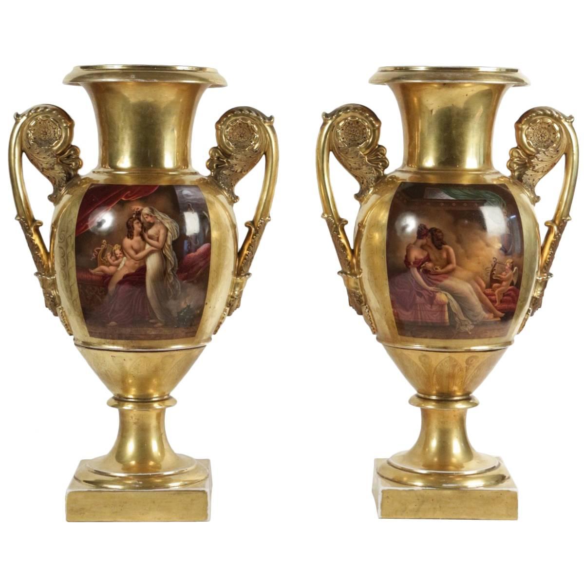 Pair of Polychrome and Gilt Paris Porcelain, circa 1820, France For Sale